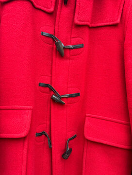 Vibrant Red Duffle Winter Coat With Black Toggle Closures