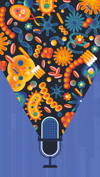 Medical podcast microphone with bacteria and virus symbols