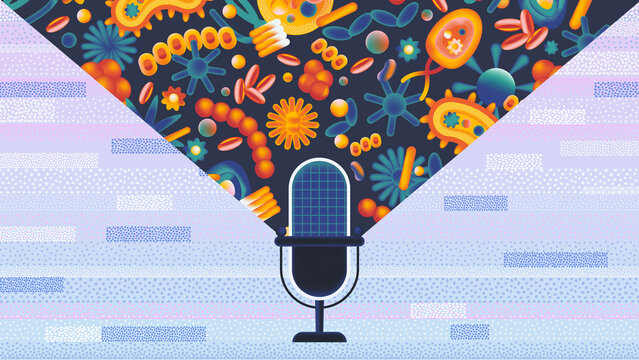 Microphone with bacteria virus and cell research symbols