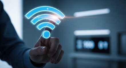 Male hand touching a glowing wifi signal icon to ensure network connectivity and seamless internet access.
