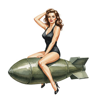 Confident Caucasian pinup woman sitting alluringly on a bomb wearing a black swimsuit and high heels