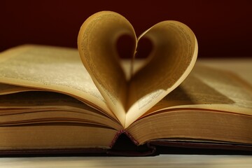 Love. Open book with pages folded in heart shape on table, closeup