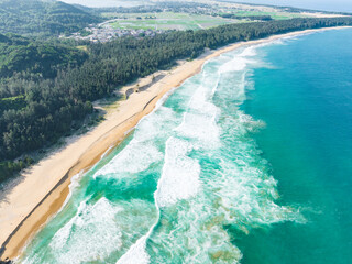 Aerial footage of the summer coastline at Dahua Jiao, Wanning, Hainan © hu