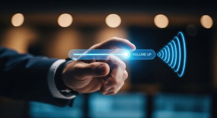 Professional hand adjusting a virtual volume slider increasing the sound level output