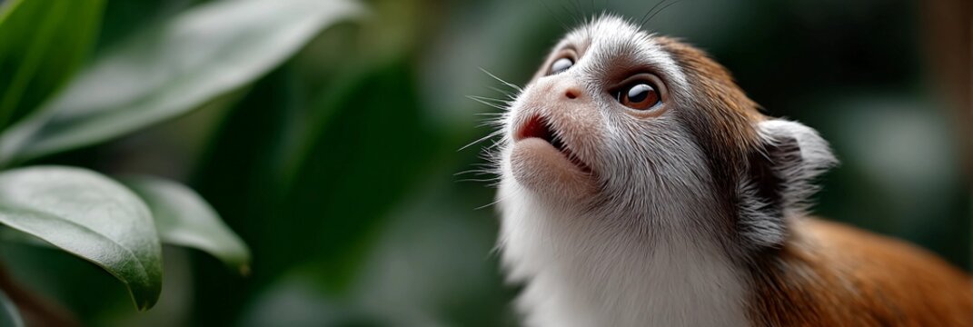 A common squirrel monkey with a white face and brown fur is looking up at the camera
