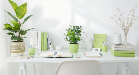 Fototapeta premium Minimalist Home Office Desk with Green Plants and Stationery.