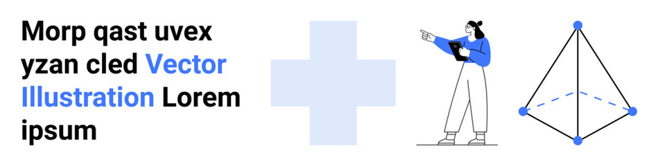 Obraz premium Geometric blue cross, a woman pointing with a notebook, and a 3D triangular structure. Ideal for education, teamwork, design, innovation, presentations, geometry and a simple landing page