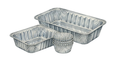 Obraz premium Two shiny aluminum foil baking pans and a stack of small cupcake liners in watercolor art style