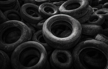 A pile of old tires lay scattered on the ground