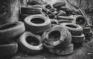 A pile of old tires lay scattered on the ground