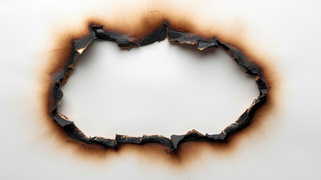 A realistic burnt paper hole effect depicted on a clean white background, characterized by irregular torn edges and dark scorch marks transitioning into a soft smoky gradient.