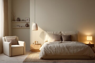 A beige bedroom with an elegant and warm atmosphere