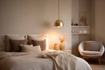 A beige bedroom with an elegant and warm atmosphere
