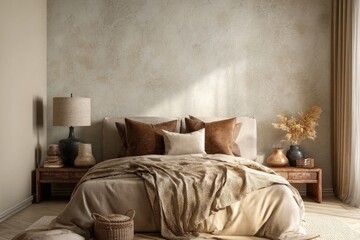 A beige bedroom with an elegant and warm atmosphere