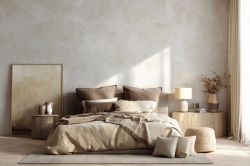 A beige bedroom with an elegant and warm atmosphere