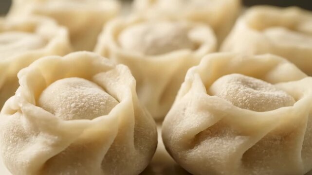 Close-up macro shot of raw, fresh, handmade traditional dumplings (pelmeni, manti, or khinkali) dusted with flour, ready for cooking