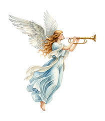 Fototapeta premium Beautiful blonde haired angel with majestic white wings playing a golden trumpet in a flowing light blue gown