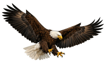 Fototapeta premium Bald eagle flying with wings spread, talons extended during hunting on transparent background
