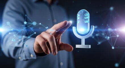 Professional hand touching a floating microphone icon, representing voice command technology and audio recognition systems.