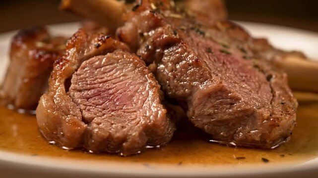 Juicy and tender grilled or roasted lamb chops (cutlets) served medium with rich brown sauce and savory herbs, highlighting the delicious texture and glaze of the fine dining cuisine.