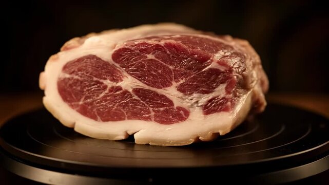 Close-up of raw, fresh, heavily marbled pork shoulder or beef cut displayed on a black turntable against a dramatic dark background, emphasizing meat quality and fat texture.