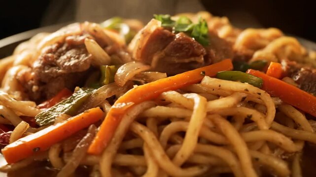 Close-up of steaming savory beef and vegetable stir-fry noodles, featuring thick meat chunks, red and green peppers, carrots, and onions in a rich sauce.