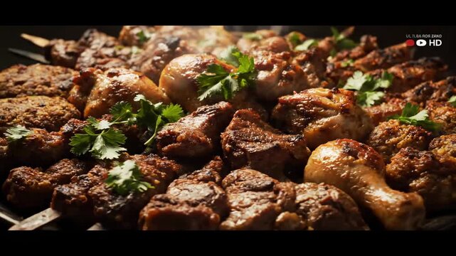 Close-up shot of hot, juicy assorted grilled meats (shashlik, kofta, and chicken pieces) freshly cooked on a barbecue grill, garnished with fresh cilantro or parsley.