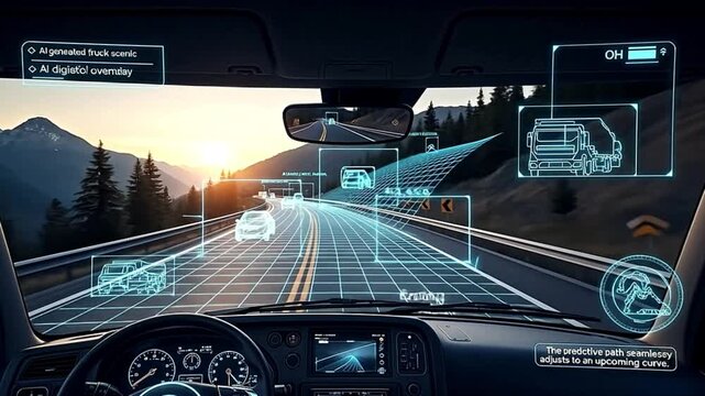 Autonomous Truck Navigation HUD System Driving Mountain Highway at Sunset with AI Interface
