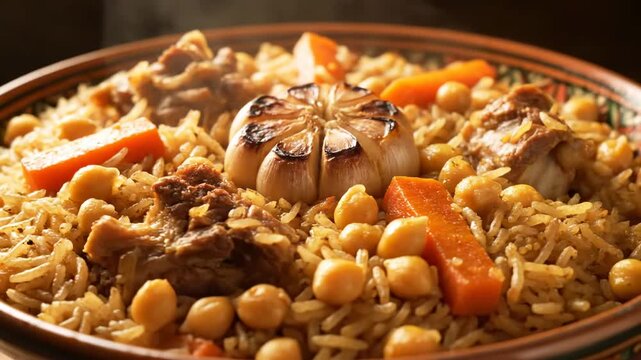 Close-up of traditional steaming Uzbek Plov (Pilaf) served in a bowl, featuring meat, rice, carrots, chickpeas, and a whole roasted garlic bulb.