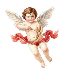 Fototapeta premium A European little Cupid angel aiming bow and arrow with a focused expression in watercolor style