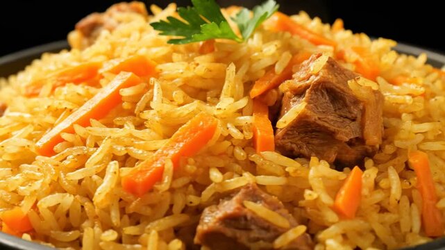 Close-up of Traditional Uzbek Plov (Pilaf) Rice Dish with Seasoned Rice, Carrots, and Meat Chunks, Garnished with Parsley. Central Asian Cuisine.