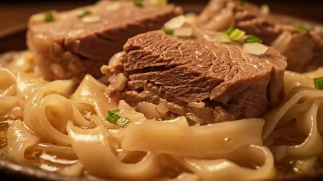 Macro shot of hearty stewed beef chunks served on traditional wide hand-pulled noodles, garnished with fresh scallions and onions. Delicious Asian cuisine main dish.