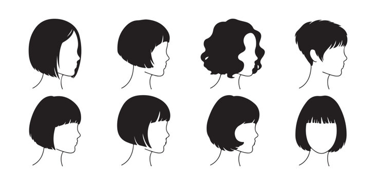 Woman short hair styles silhouette icons set showing various modern female bob and pixie haircuts