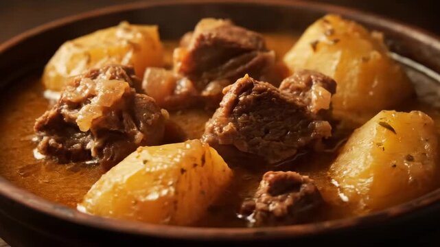 Hearty Beef Stew with Large Potatoes and Tender Meat Chunks in Rich Brown Gravy, Closeup of Traditional Winter Comfort Food Dish Served in a Rustic Bowl