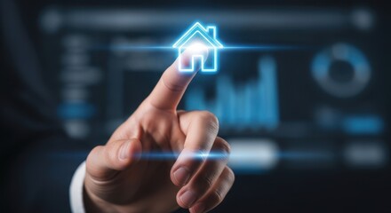 Professional hand touching a glowing home icon to return to the main dashboard interface