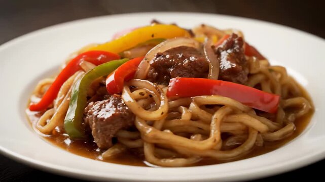 Traditional Asian Stir-Fried Noodles with Beef and Colorful Bell Peppers. Appetizing Lomein or Lagman served on a white plate with a rich savory sauce.