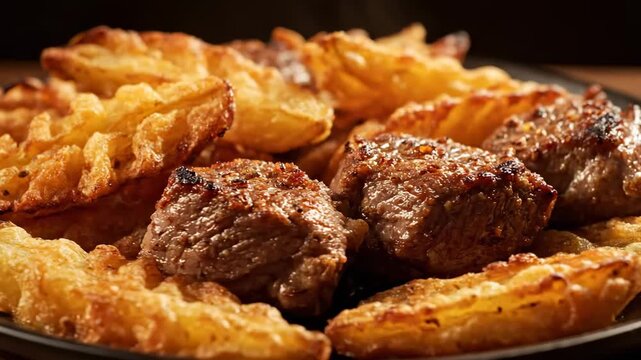 Close-up of crispy golden roasted potato wedges and seared beef steak chunks on a dark plate, highlighting the rich texture and appetizing presentation of the gourmet meal.
