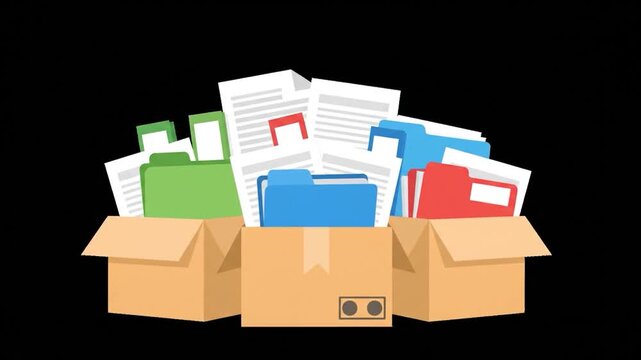 Illustration of cardboard boxes filled with documents and folders in various colors against black