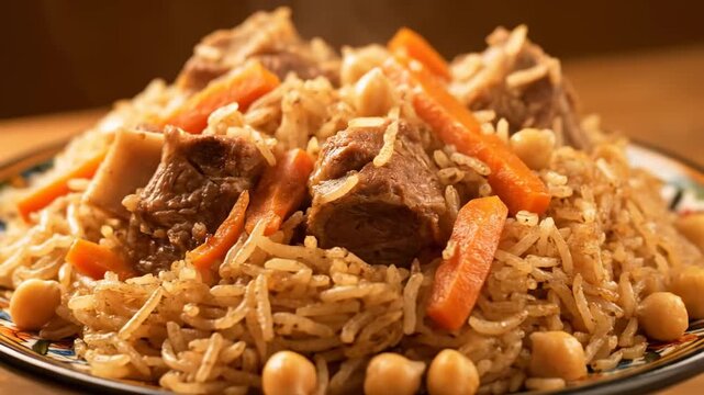 Close-up of traditional Uzbek Plov (Pilaf) served on a plate, featuring savory rice, lamb, carrots, and chickpeas, typical Central Asian cuisine.