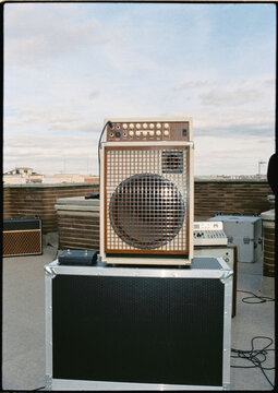 High-end music amplifier placed on an instrument transport box
