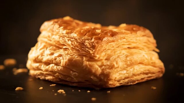 Close-up shot of golden, flaky puff pastry shell illuminated against a dark background, showcasing perfect baked texture and delicious layers.
