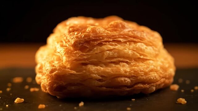 Extreme Close-up of Golden Brown Flaky Puff Pastry on Dark Background. Crispy Freshly Baked Viennoiserie Square Pastry Detail for Bakery and Dessert Concepts.