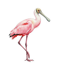 Roseate Spoonbill Bird Standing Calmly with Pink Feathers and Unique Bill Detailed Watercolor Illustration