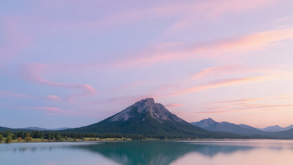 Peaceful sunset panorama from Herzogstand summit with snow tipped Alps glowing in pink light above quiet Bavarian mountain lakes