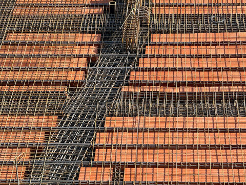 Steel Rebar Reinforcement and Brick Layer Detail at Construction Site