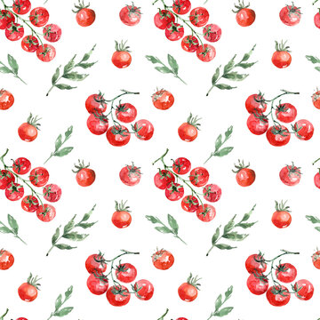 Cherry Tomatoes and Green Leaves in a Light Watercolor Pattern