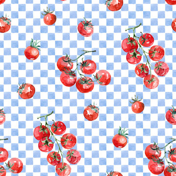 Cherry Tomatoes on a Blue Checkered Background
