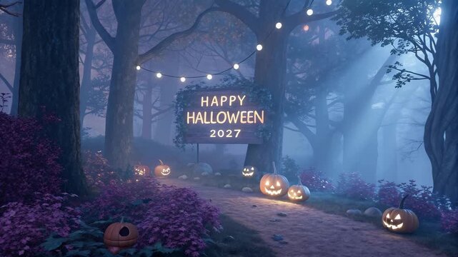 Spooky Halloween Forest Path with Jack-o'-lanterns and Foggy Atmosphere