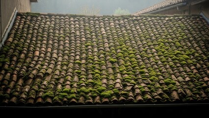 Verdant Moss Growth On Ancient Terracotta Roof Tiles