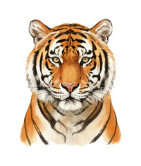 Obraz premium Majestic tiger head detailed watercolor painting with vibrant orange and black stripes looking calmly forward